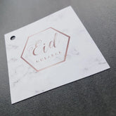 Witte marmer-achtig cadeaukaartjes Eid Mubarak met rosegoud hexagon ontwerp en perforatie